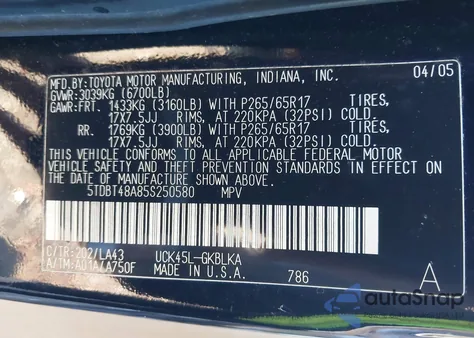 2005 Toyota Sequoia Limited V8 z USA, uszkodzony, nr VIN 5TDBT48A85S250580